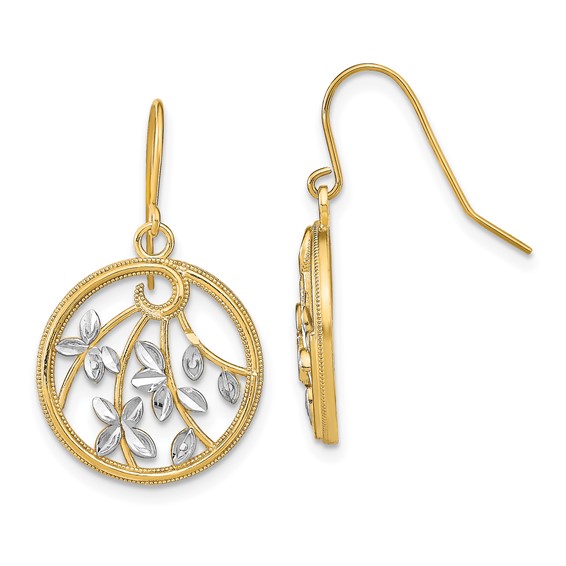 14K and White Rhodium Diamond-cut Leaves in Circle Dangle French Hook Earrings