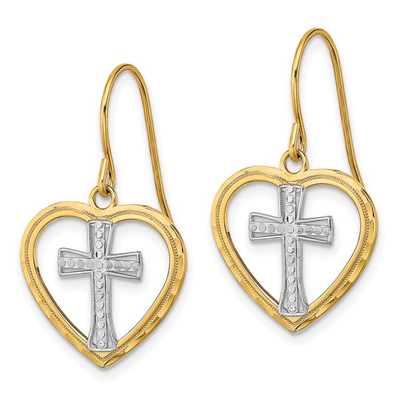 14K and White Rhodium Cross In Center Heart Dangle French Hook Earrings