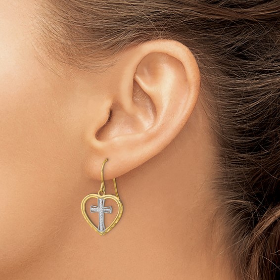 14K and White Rhodium Cross In Center Heart Dangle French Hook Earrings