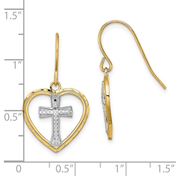 14K and White Rhodium Cross In Center Heart Dangle French Hook Earrings