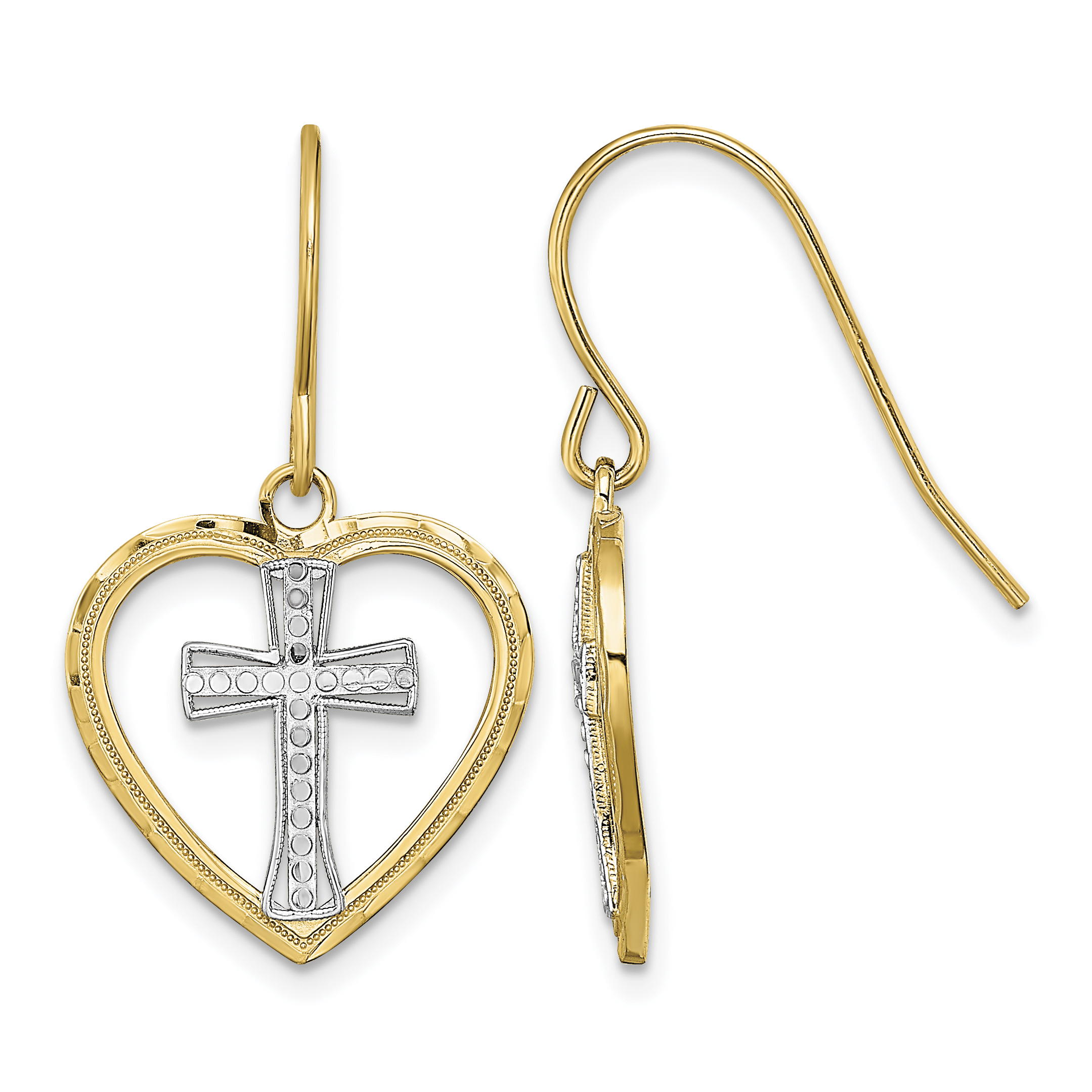 14K w/Rhodium Cross In Center Heart Earrings (TF1881)