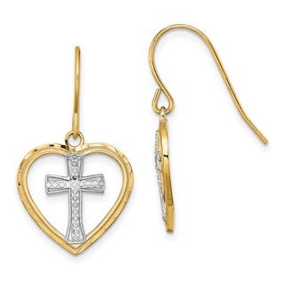 14K and White Rhodium Cross In Center Heart Dangle French Hook Earrings