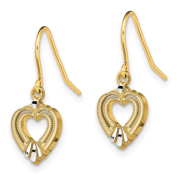 14K and White Rhodium Polished Heart Dangle French Hook Earrings