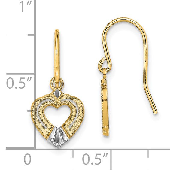 14K and White Rhodium Polished Heart Dangle French Hook Earrings