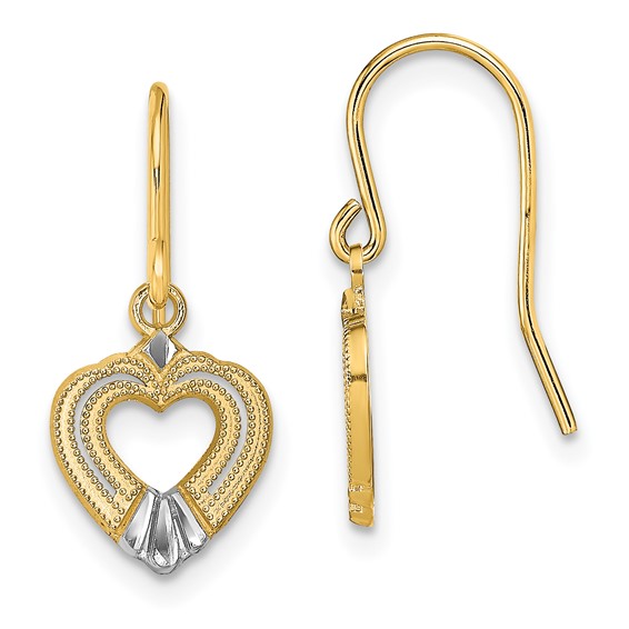 14K and White Rhodium Polished Heart Dangle French Hook Earrings