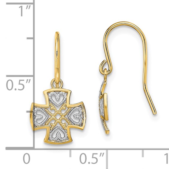 14K and White Rhodium Fancy Cross with Heart Dangle French Hook Earrings