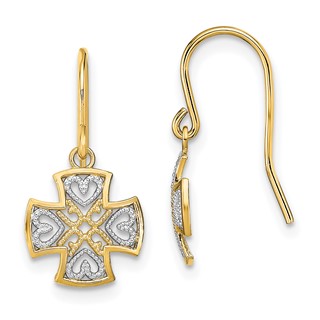 14K and White Rhodium Fancy Cross with Heart Dangle French Hook Earrings