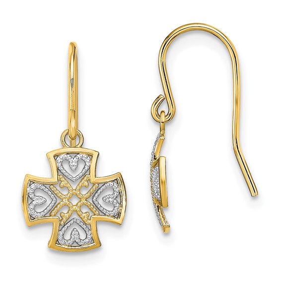 14K and White Rhodium Fancy Cross with Heart Dangle French Hook Earrings