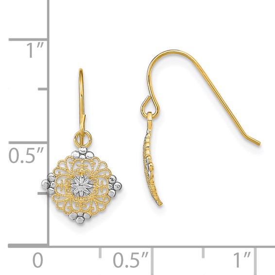 14K and White Rhodium Square Filigree Medallion Dangle French Hook Earrings