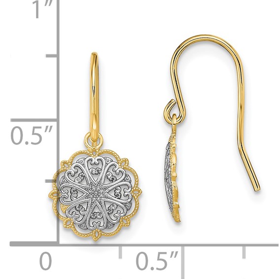 14K and White Rhodium Fancy Medallion Dangle French Hook Earrings