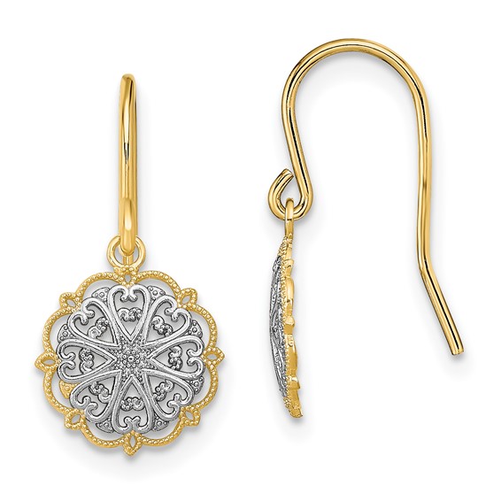 14K and White Rhodium Fancy Medallion Dangle French Hook Earrings