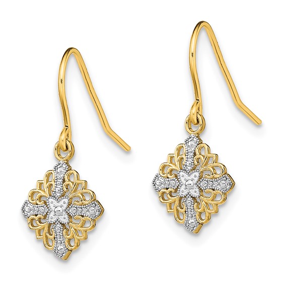 14K and White Rhodium Fancy Square Filigree Dangle French Hook Earrings