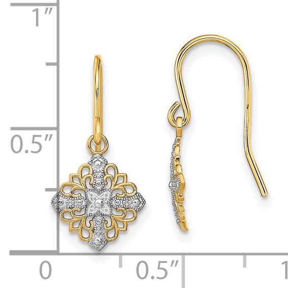 14K and White Rhodium Fancy Square Filigree Dangle French Hook Earrings