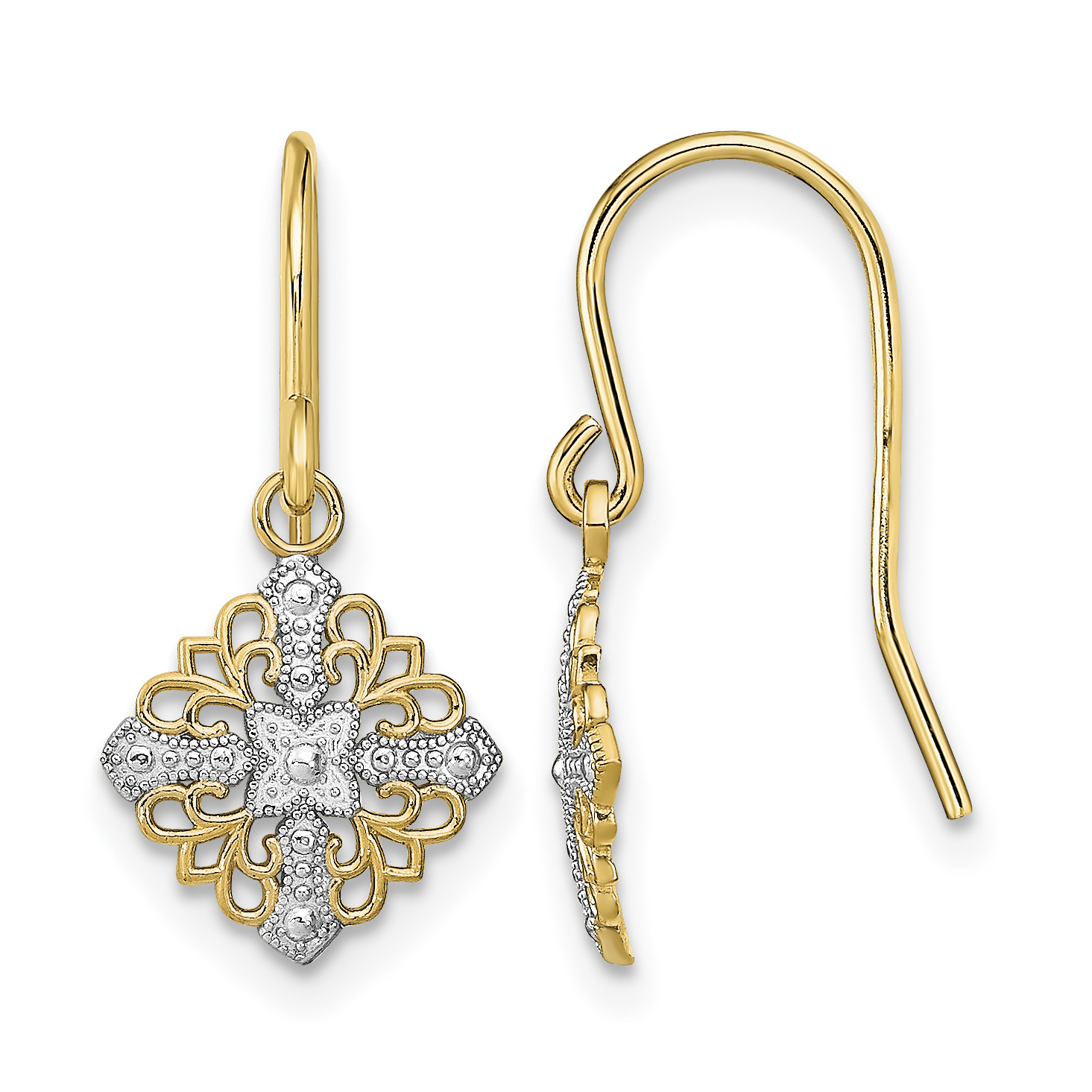 14K w/Rhodium Fancy Filigree Dangle Wire Earrings (TF1892)