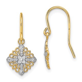 14K and White Rhodium Fancy Square Filigree Dangle French Hook Earrings