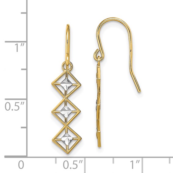 14K and White Rhodium Fancy Diamond-cut Dangle French Hook Earrings