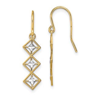 14K and White Rhodium Fancy Diamond-cut Dangle French Hook Earrings