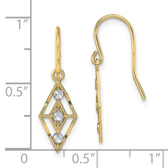 14K and White Rhodium Diamond-cut Diamond-Shape Dangle French Hook Earrings