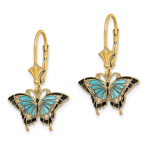14K with Aqua and Black Enameled Wings Butterfly Dangle Leverback Earrings