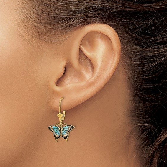 14K with Aqua and Black Enameled Wings Butterfly Dangle Leverback Earrings