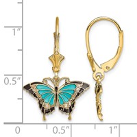 14K Yellow Gold Earrings with Aqua and Black Enameled Wings Butterfly Dangle Leverback view 4