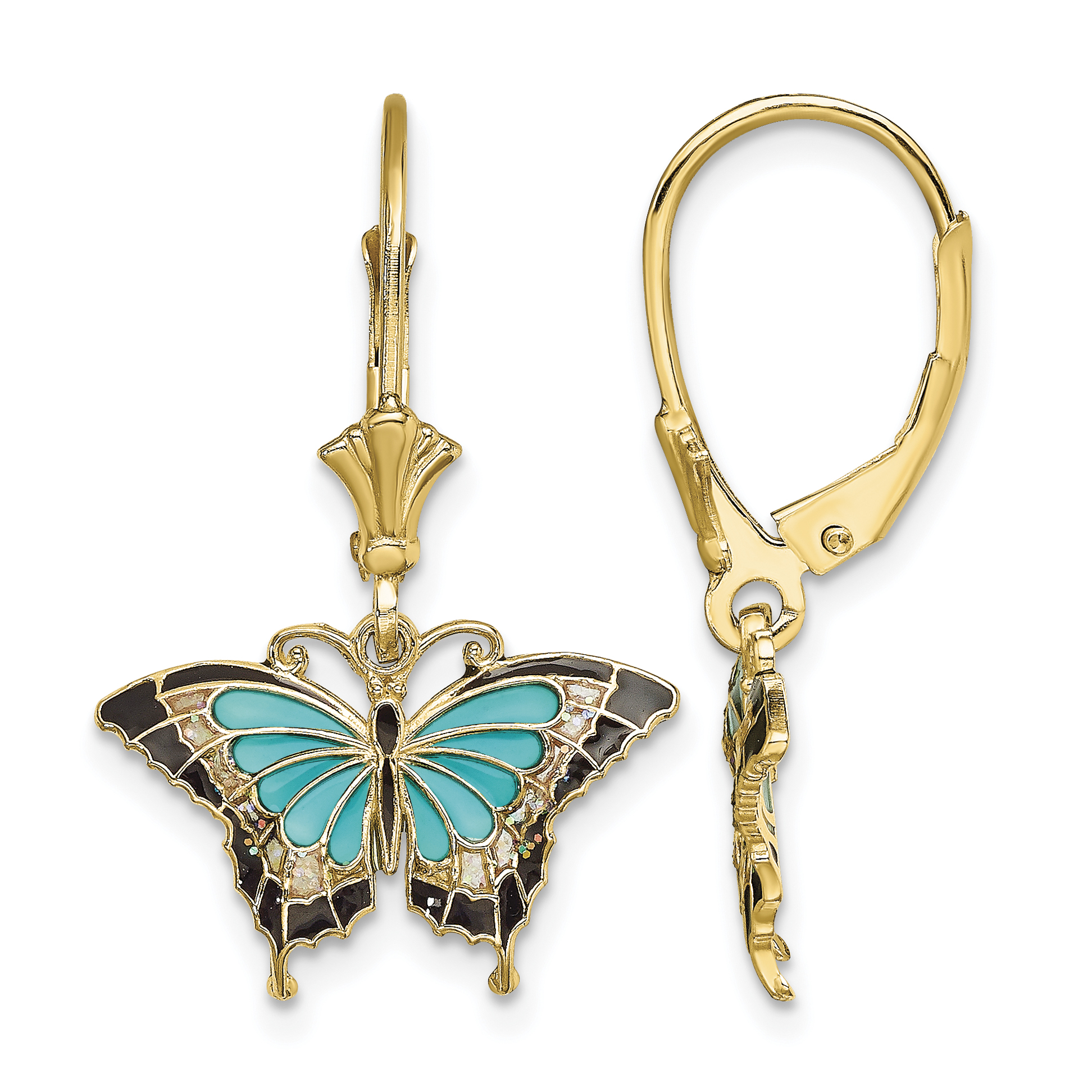 14K w/Aqua Enameled Wings Butterfly Leverback Earrings (TF1916)