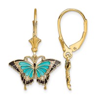 14K Yellow Gold Earrings with Aqua and Black Enameled Wings Butterfly Dangle Leverback view 1