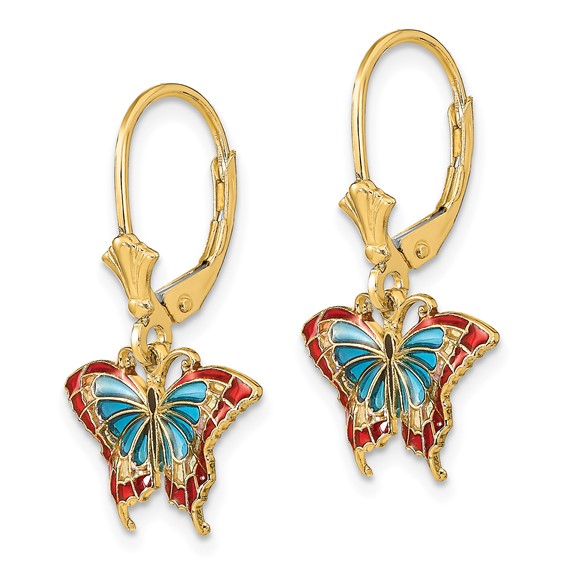 14k with Blue and Red Enameled Wings Butterfly Dangle Leverback Earrings