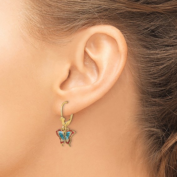 14k with Blue and Red Enameled Wings Butterfly Dangle Leverback Earrings