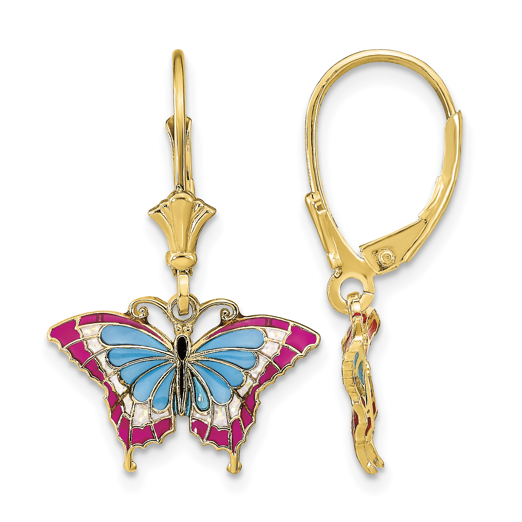 14k w/Blue and Red Enameled Wings Butterfly Leverback Earrings (TF1917)