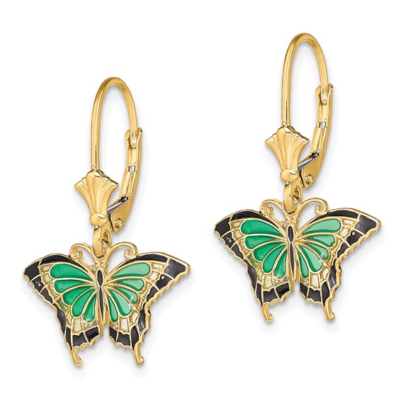 14K with Green and Black Enameled Wings Butterfly Dangle Leverback Earrings