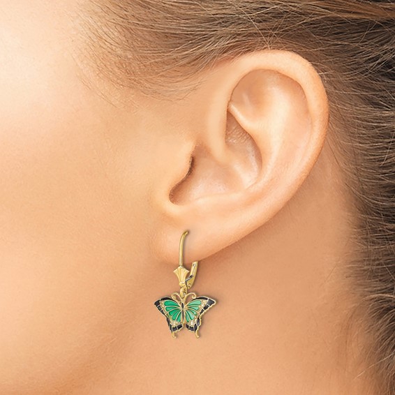 14K with Green and Black Enameled Wings Butterfly Dangle Leverback Earrings