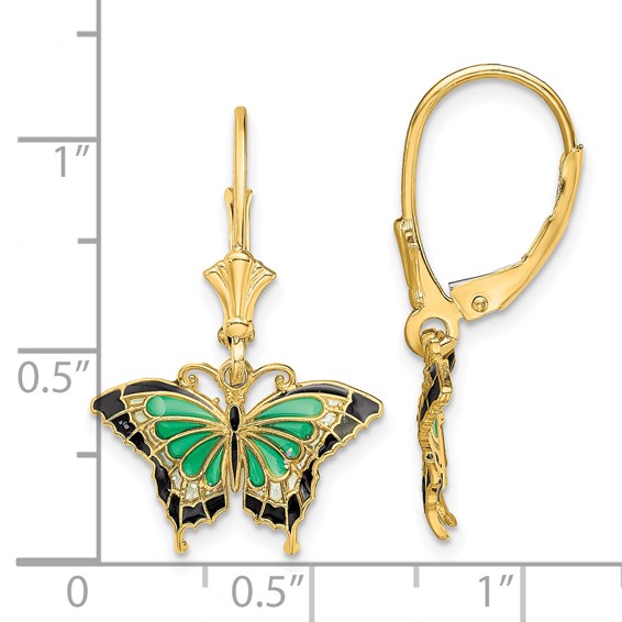 14K with Green and Black Enameled Wings Butterfly Dangle Leverback Earrings