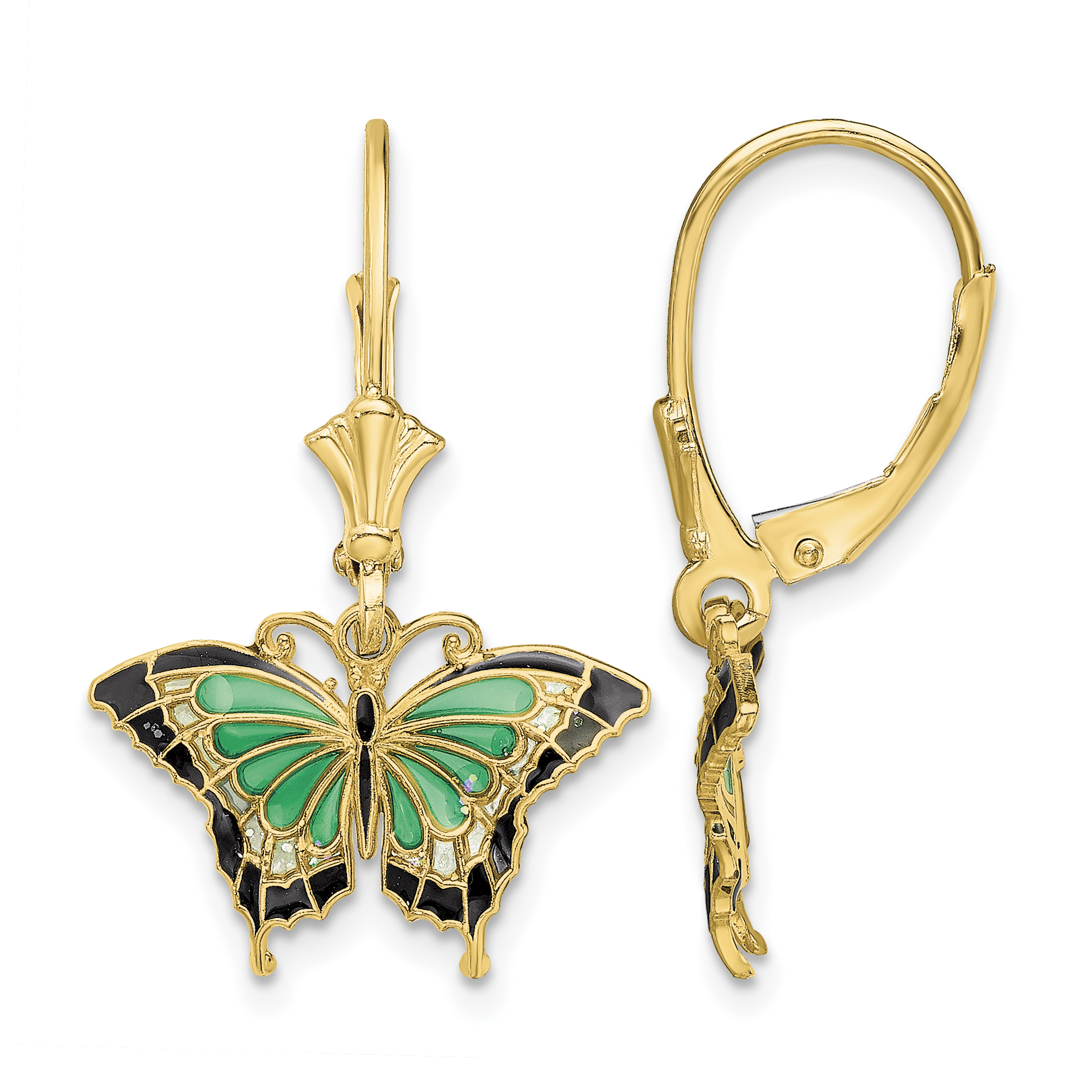 14K Butterfly w/ Green Enameled Wings Leverback Earrings (TF1918)