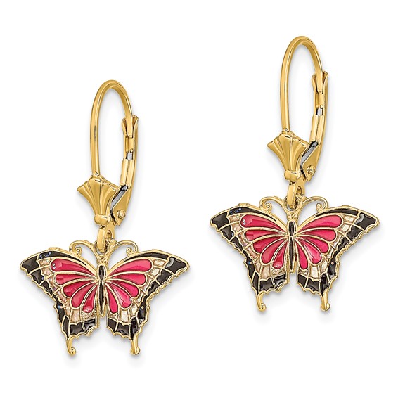 14K with Pink and Black Enameled Wings Butterfly Dangle Leverback Earrings