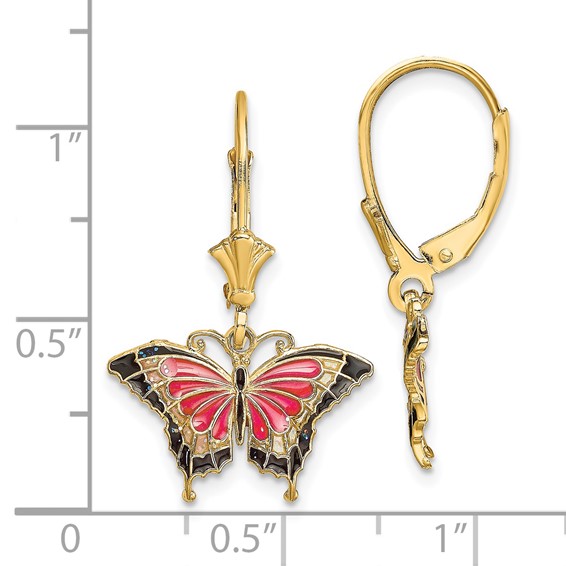 14K with Pink and Black Enameled Wings Butterfly Dangle Leverback Earrings