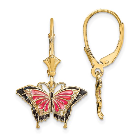 14K with Pink and Black Enameled Wings Butterfly Dangle Leverback Earrings