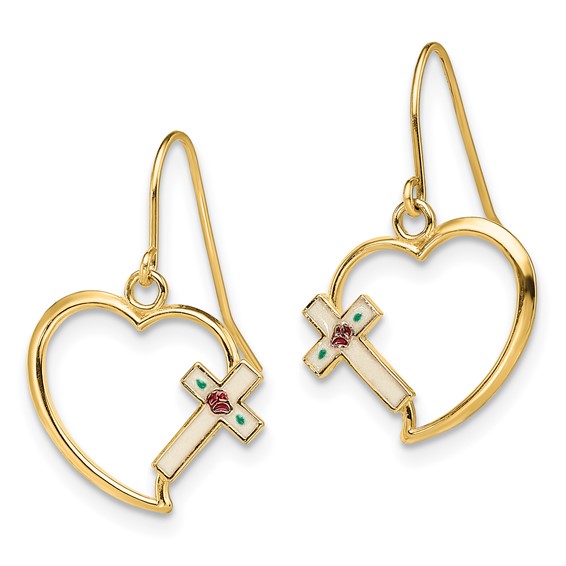 14K White and Multi-color Enamel Floral Cross on Heart French Hook Earrings