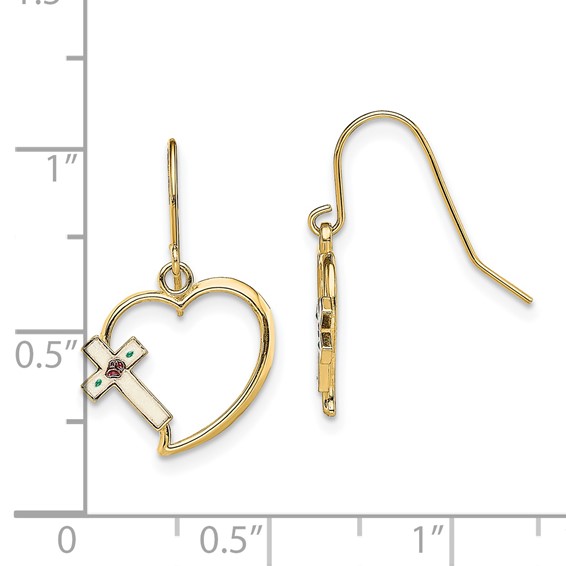 14K White and Multi-color Enamel Floral Cross on Heart French Hook Earrings