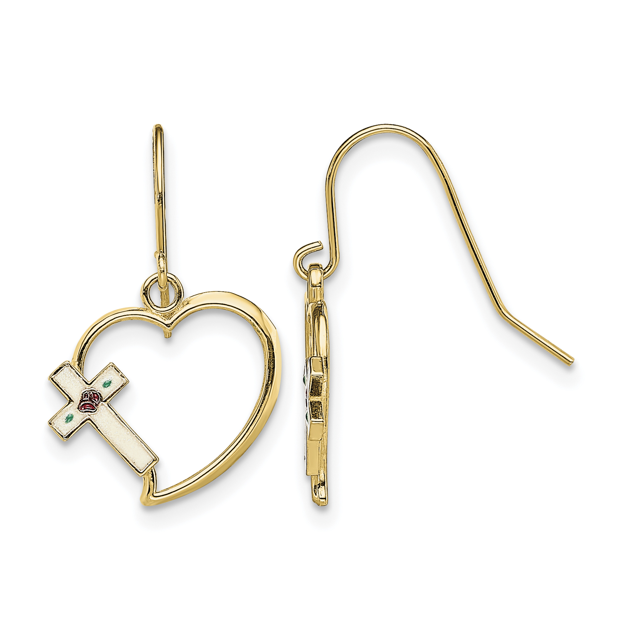 14K w/ Enamel Cross Heart Dangle Earrings (TF1921)