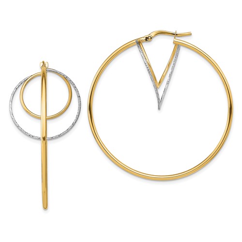 14k w/ White Rhodium Diamond-cut Twisted Circles Inside Hoop Earrings