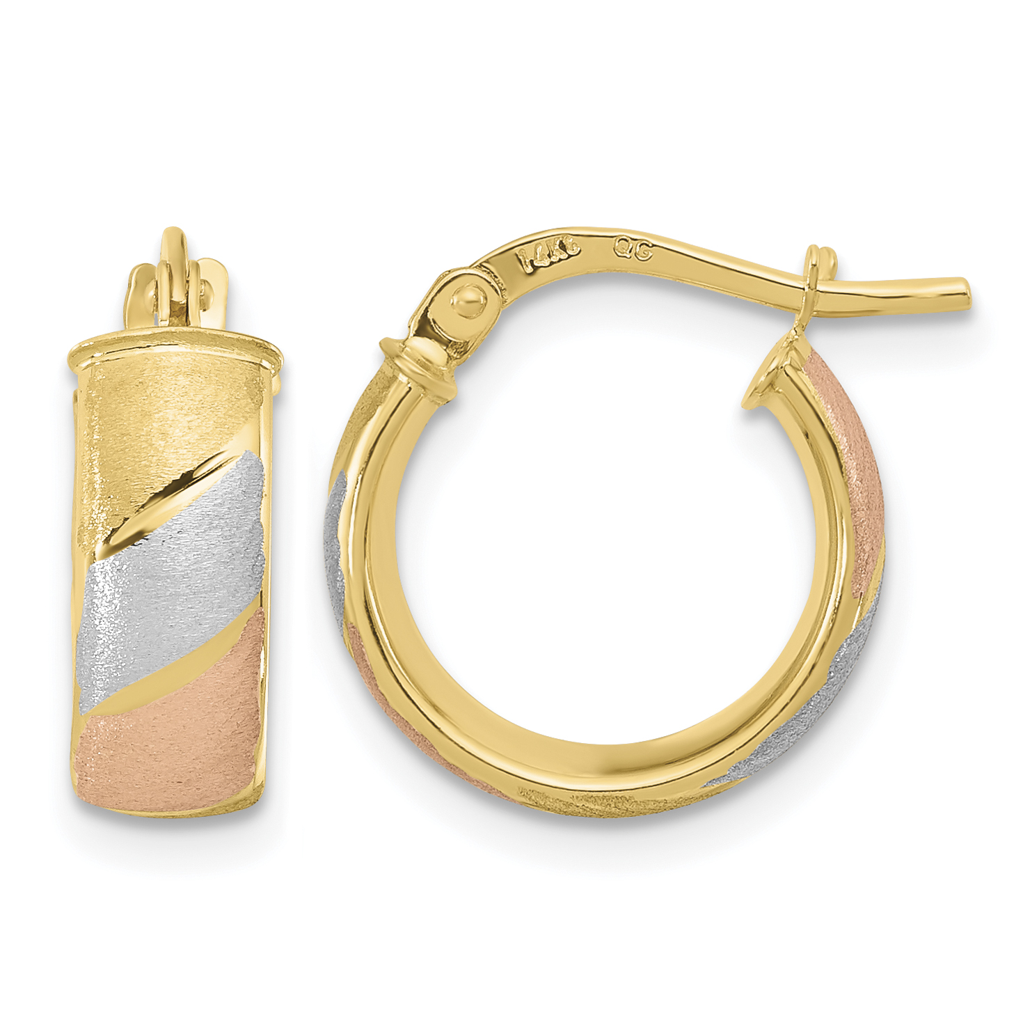14k w/White and Rose Rhodium Polished Satin Hoop Earrings (TF1961)