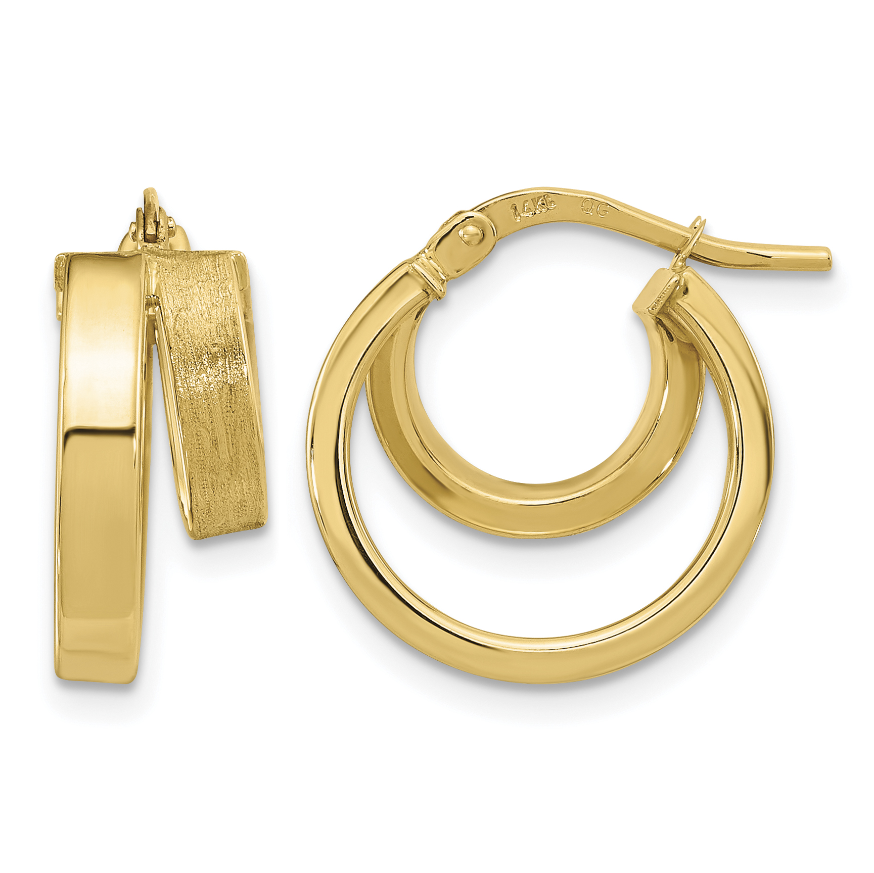 14K Polished and Brushed Square Tube Double Hoop Earrings (TF1963)