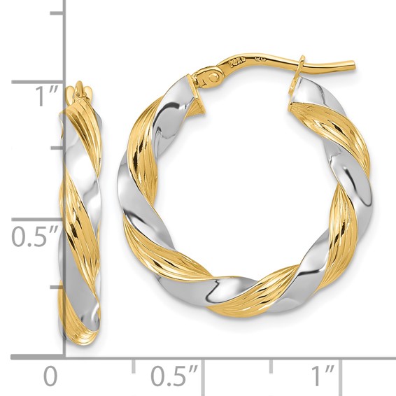 3.7mm Gold w/Rhodium Twisted Tube Hoop Earrings