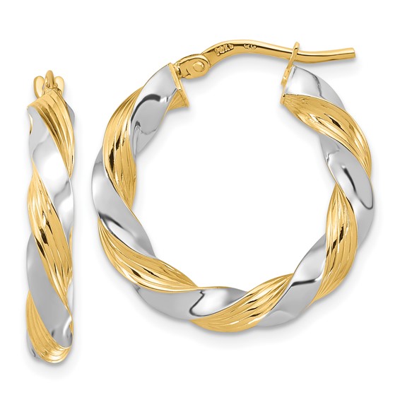 3.7mm Gold w/Rhodium Twisted Tube Hoop Earrings