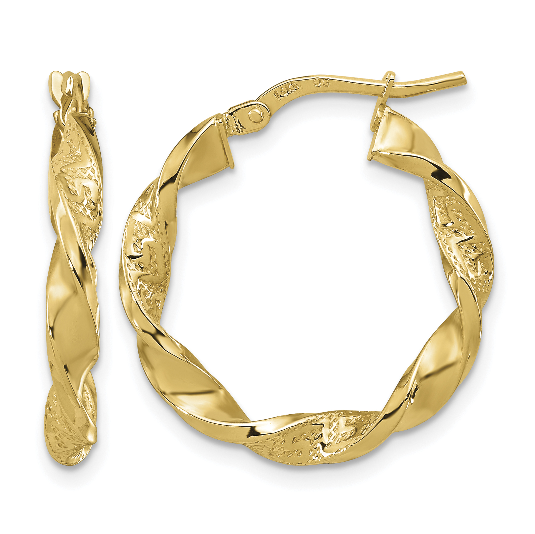 14k Polished and Textured Twisted 3mm Hoop Earrings (TF1969)
