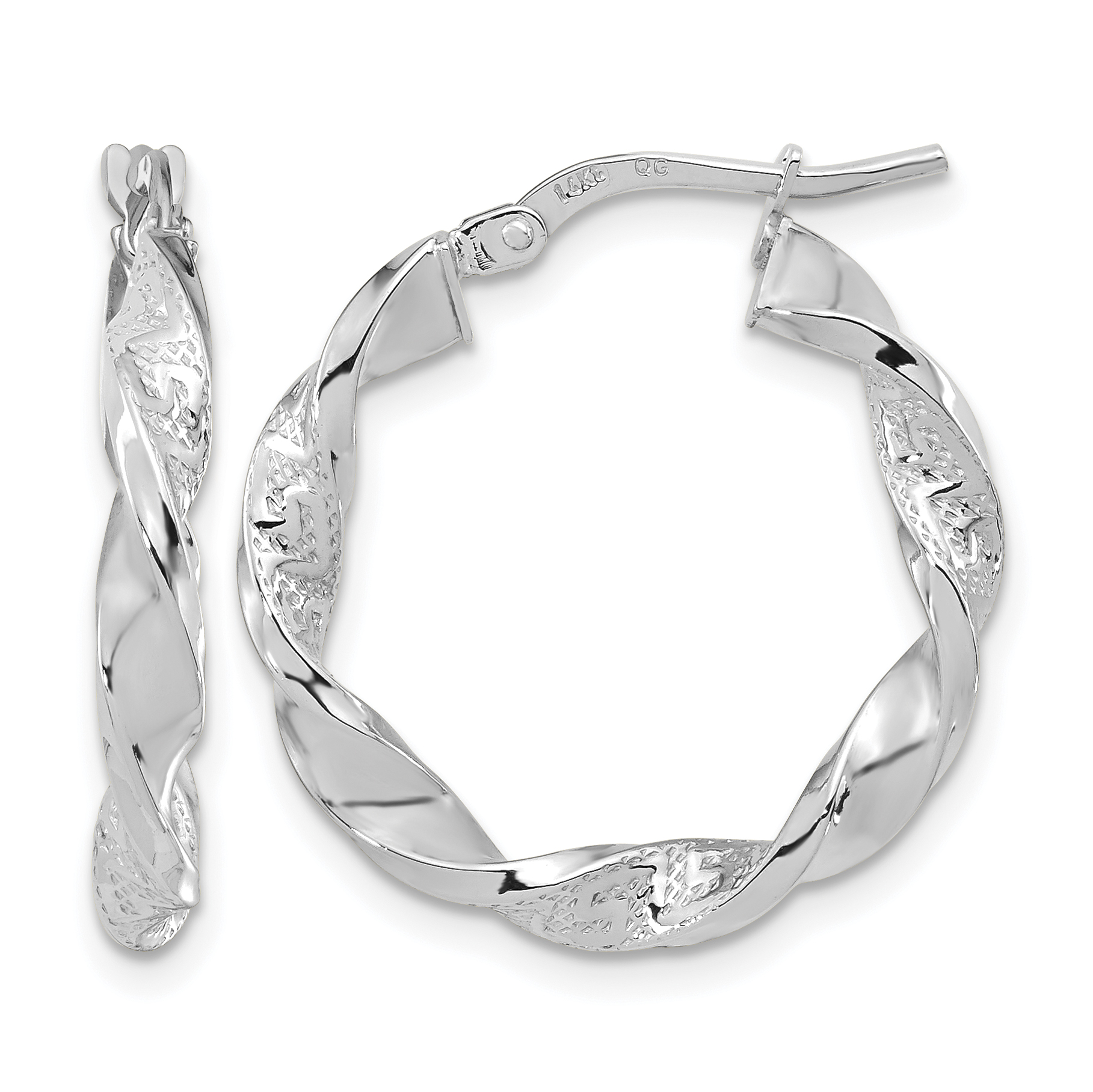 14k White Gold Polished and Textured Twisted Hoop Earrings (TF1969W)