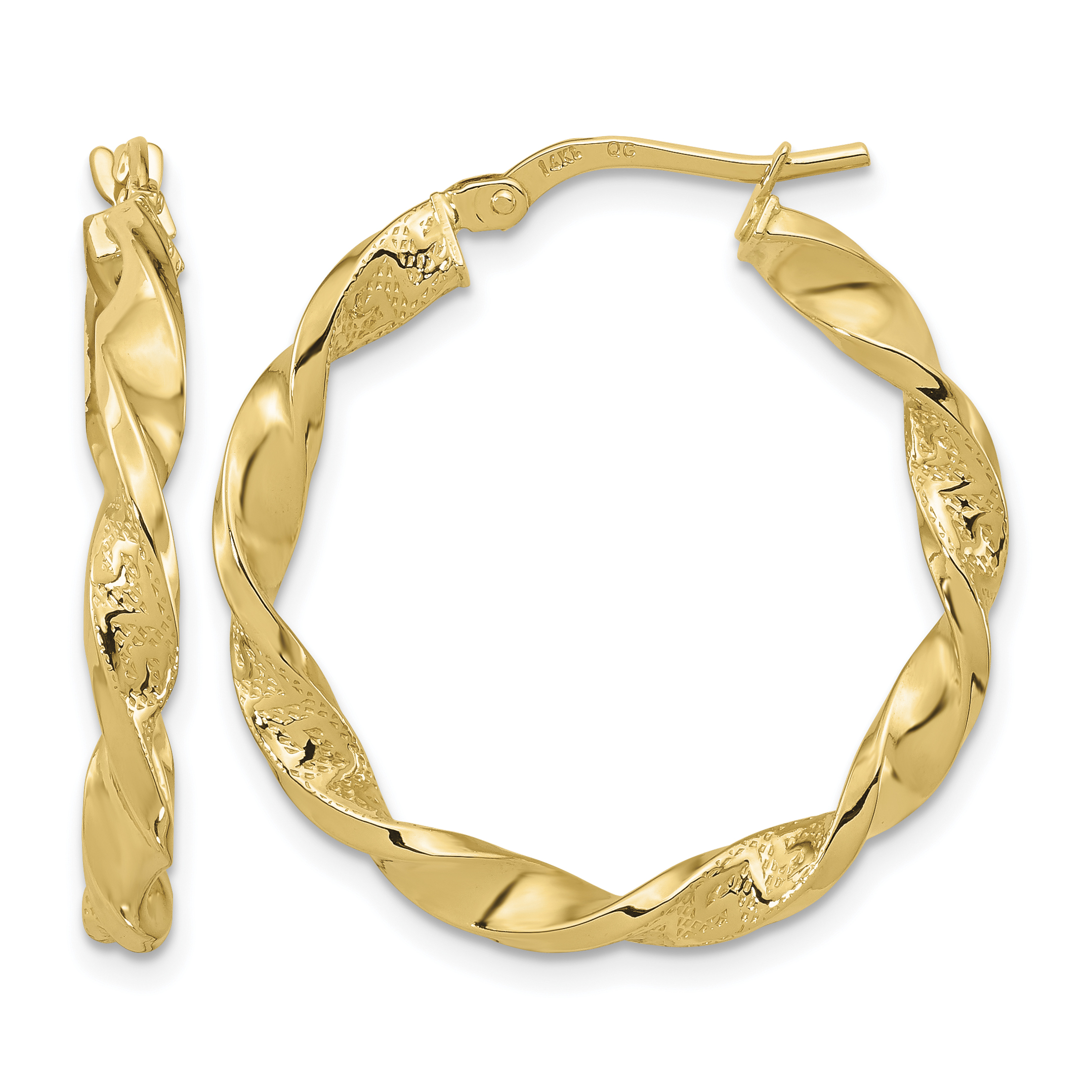 14k Polished and Textured Twisted Hoop Earrings (TF1970)