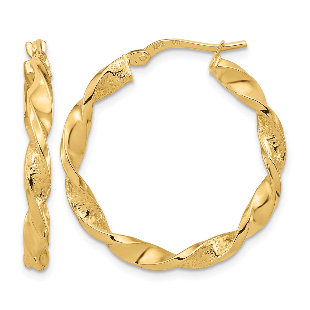 14k Polished and Textured Twisted Hoop Earrings (TF1970)