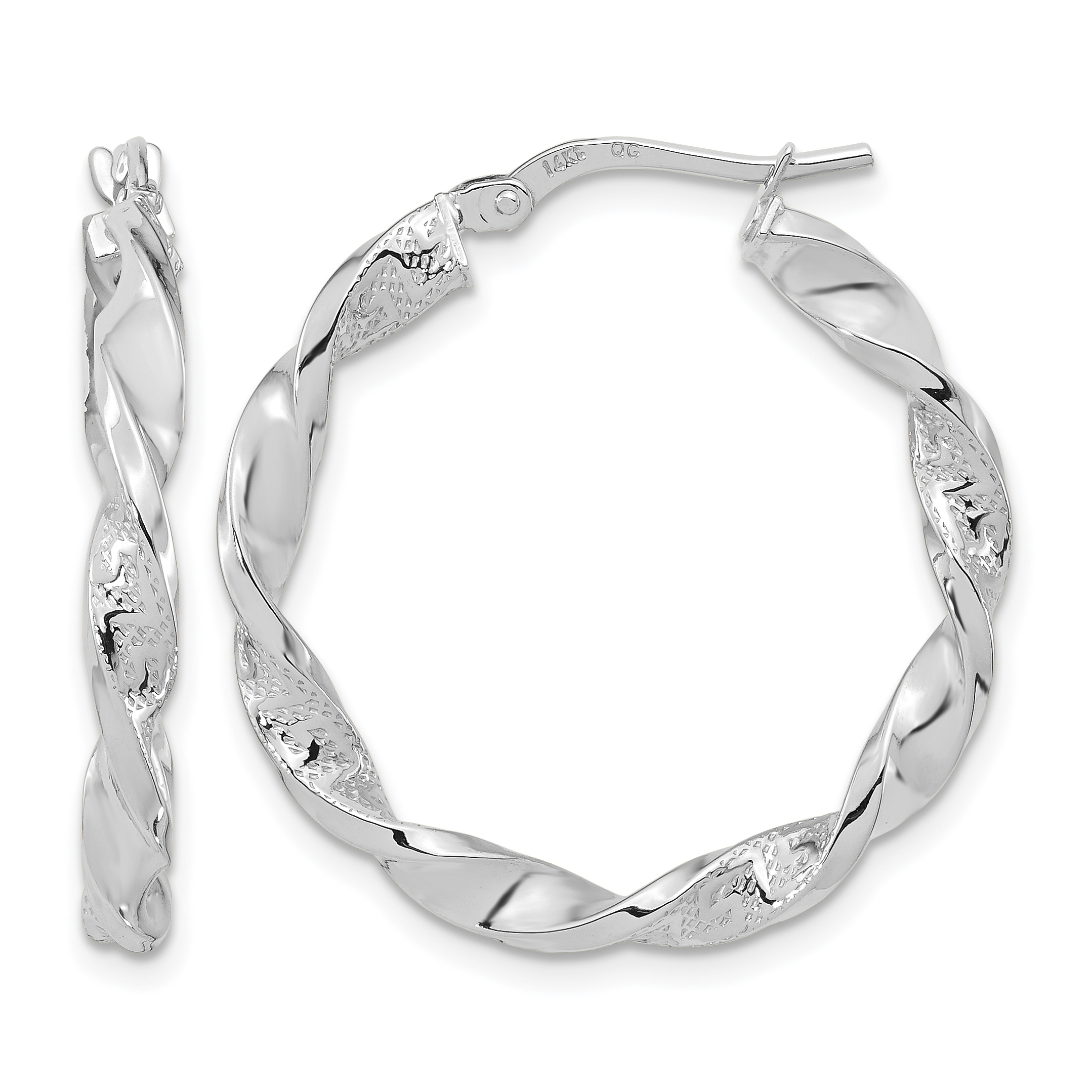 14k White Gold Polished and Textured Twisted Hoop Earrings (TF1970W)